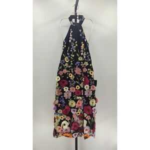 Unique Impression Black 3D Floral Embroidered Halter Midi Dress